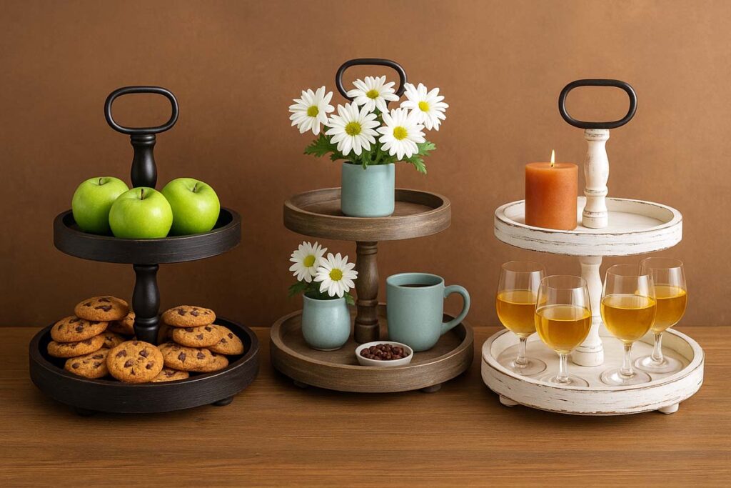 Creative Co-Op Wood 2-Tier Tray with Metal Handle
