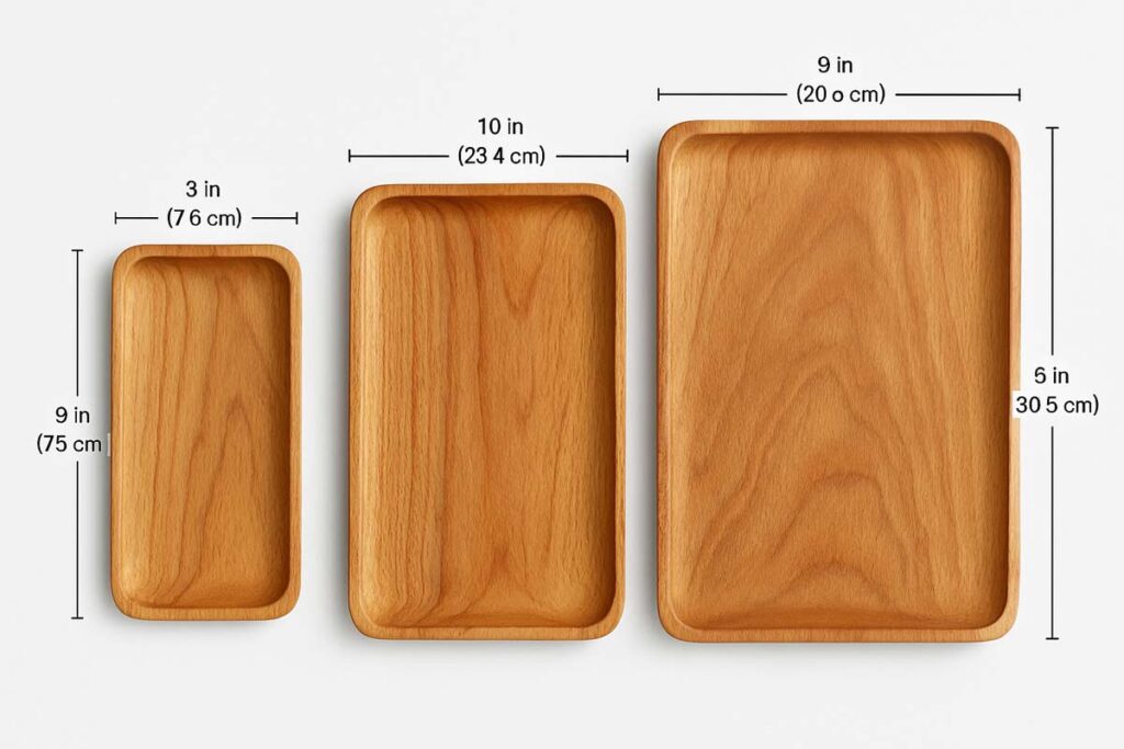 Platane wood trays of Manspdier stand showing size and finish