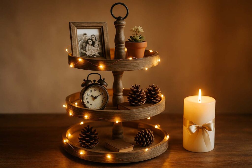 Decorated a fairy lights 3 tiered tray stand
