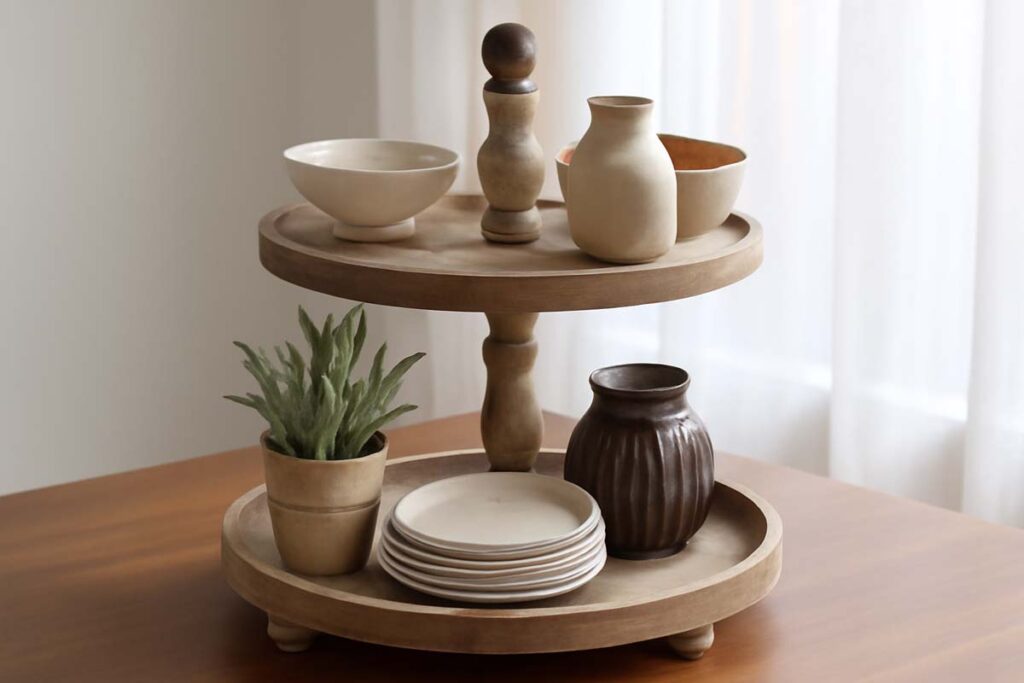 2 tier serving tray with layered items for visual interest