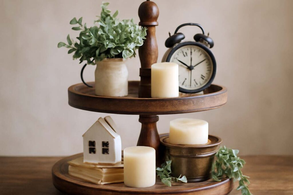 Close-up of tiered tray with balanced decor items arranged on different levels.