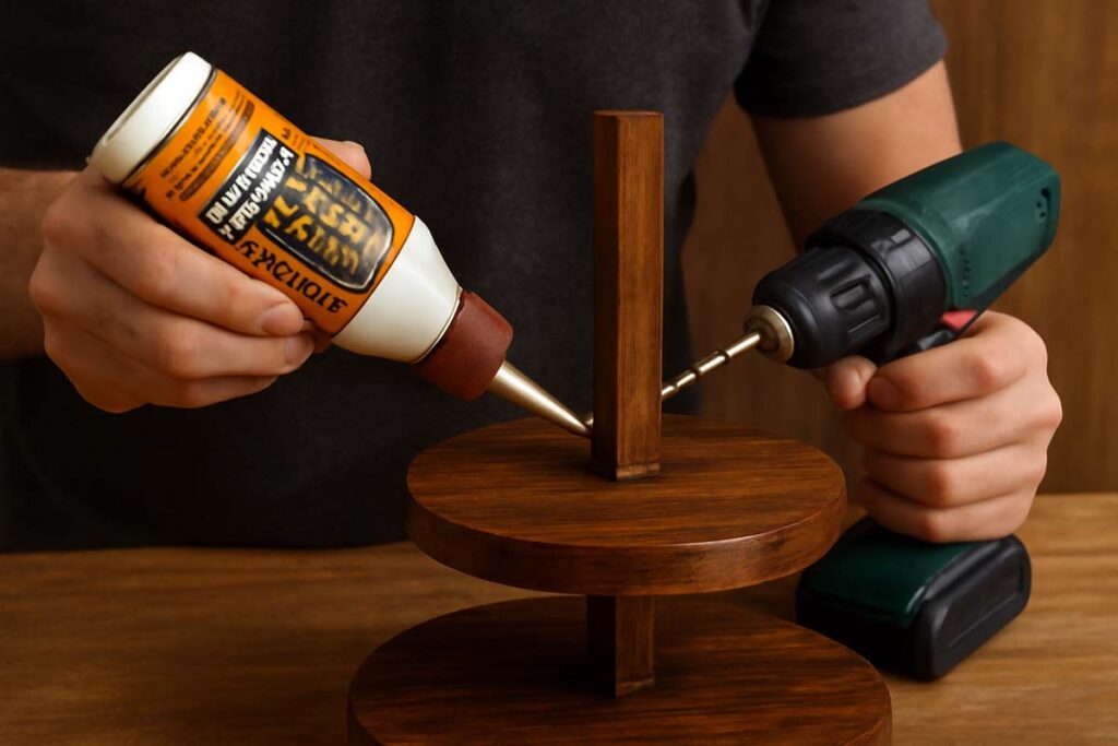Assembling the rustic tiered tray stand with glue and screws