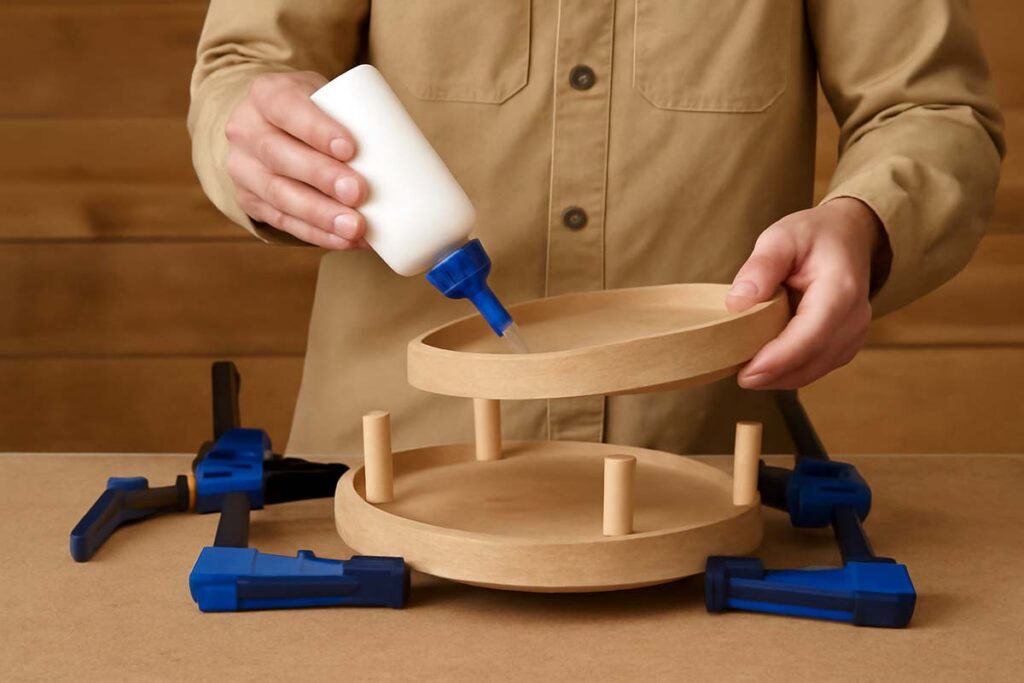 Person assembling a 2 tier tray stand by inserting dowels into the trays.