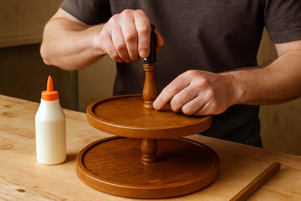 Woodworker assembling the tiered tray stand with dowels and glue