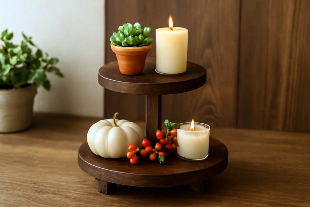 Fully assembled rustic tiered tray stand decorated with plants and candles.