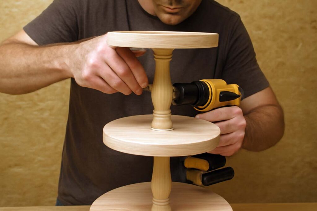 Attaching middle and top tiers to 3 tier stand