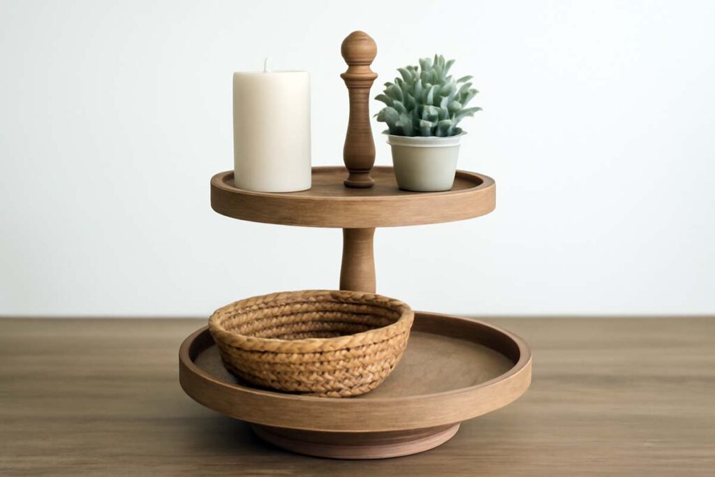 2 tier tray with balanced colors and textures for decor
