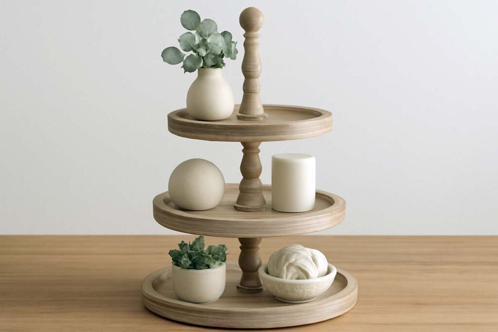 Well balanced 3 tier tray with evenly spaced decor elements