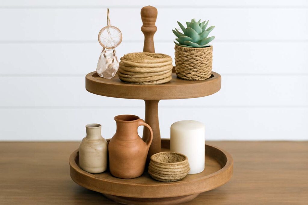 Boho chic 2 tier tray with woven baskets and succulents