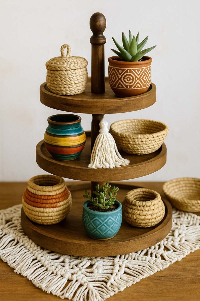 Boho style 3 tier tray with woven baskets and colorful decor