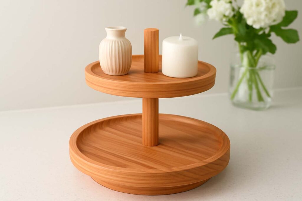 Cedar wood tiered tray stand in a cozy bathroom or entryway with plants
