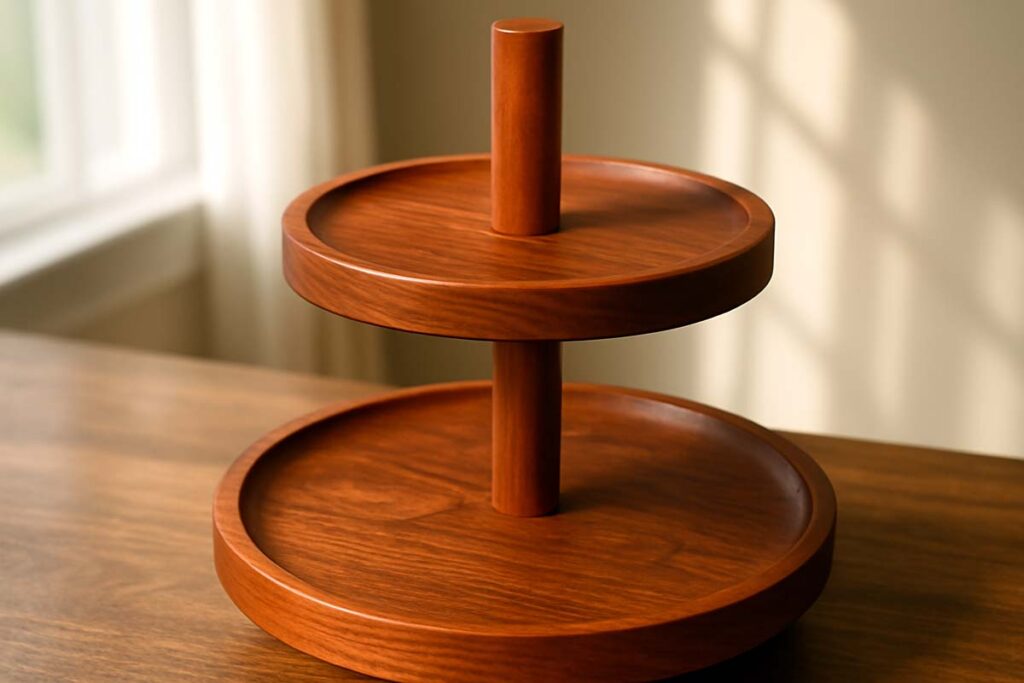 Cherry wood tiered tray stand showcasing natural aging and patina