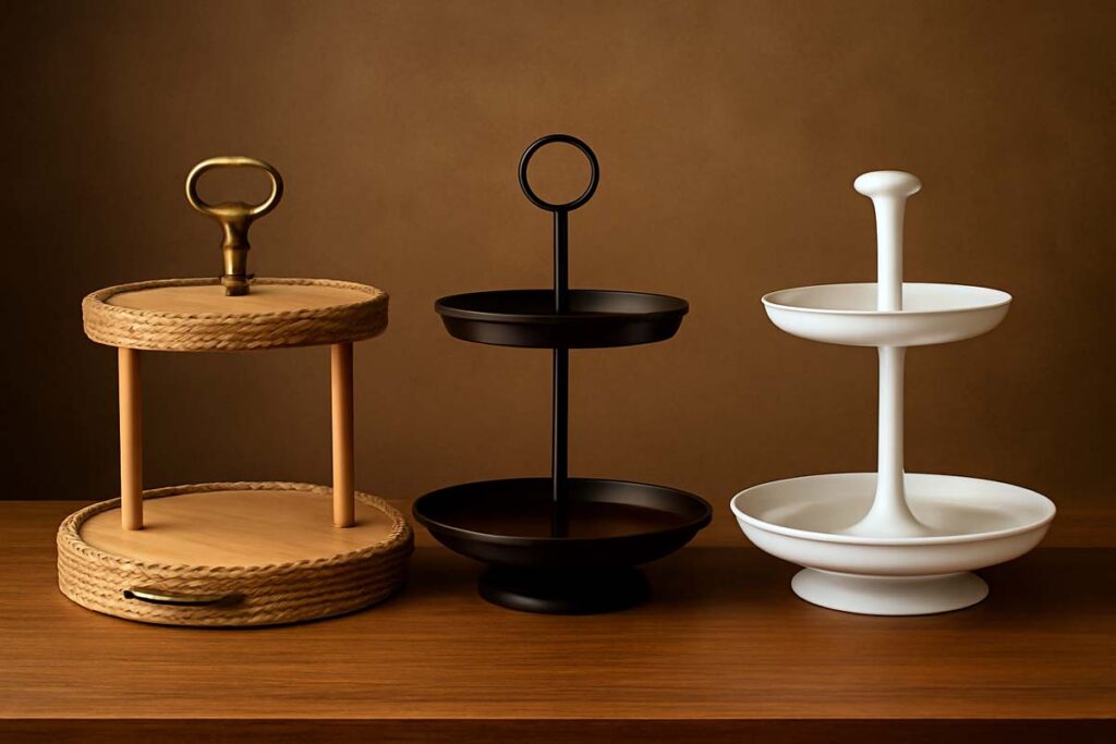 Variety of 2-tier serving trays made from wood, metal, and ceramic