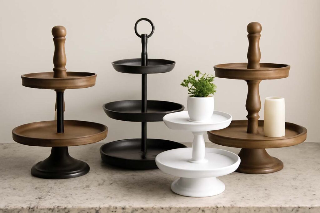 Different styles of tiered trays (wood, metal, ceramic) displayed on a countertop.