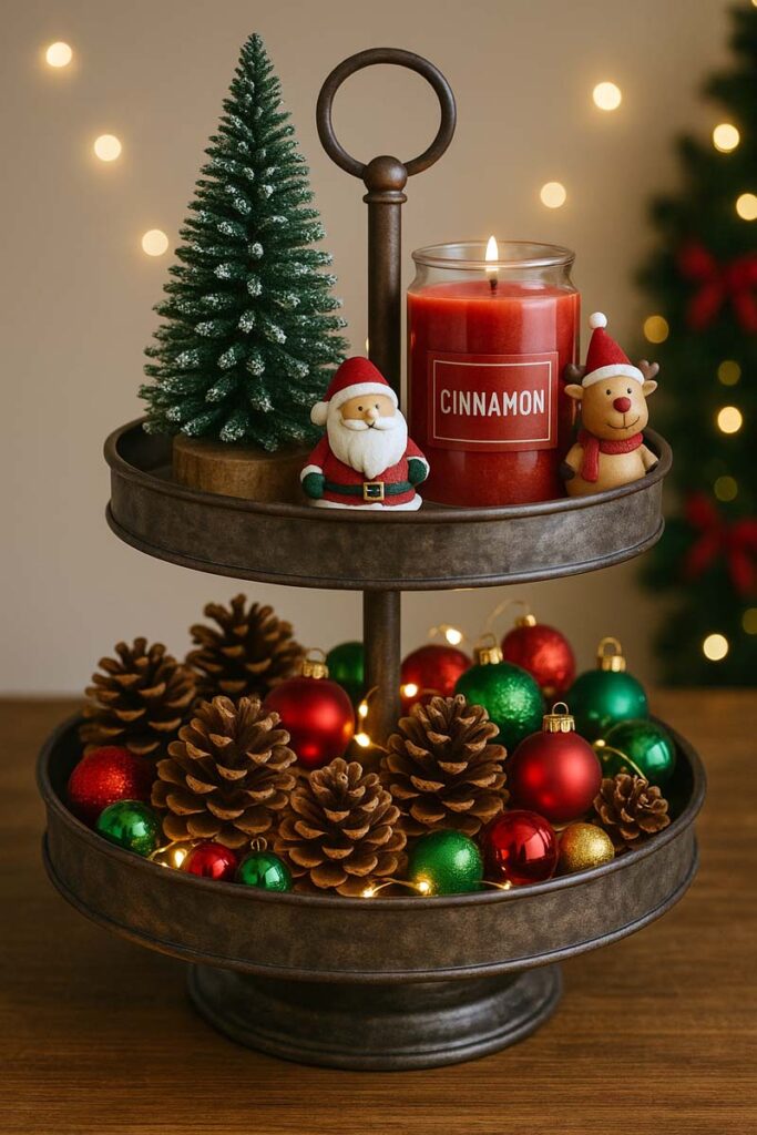 Holiday 2 tier tray with Christmas tree and ornaments