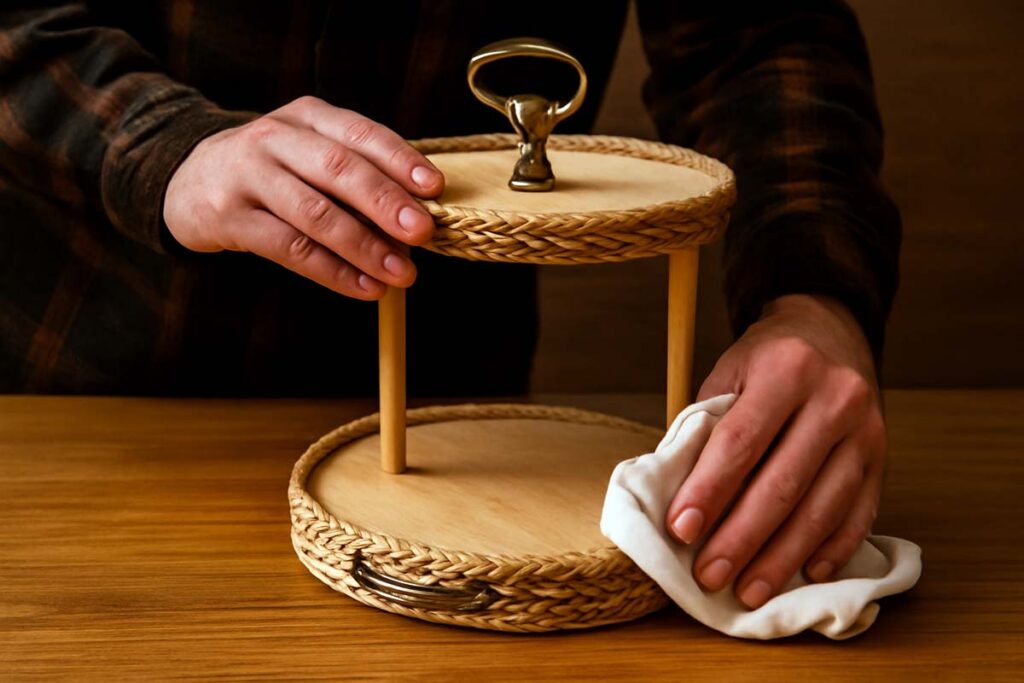 Cleaning a wooden 2-tier serving tray with soft cloth