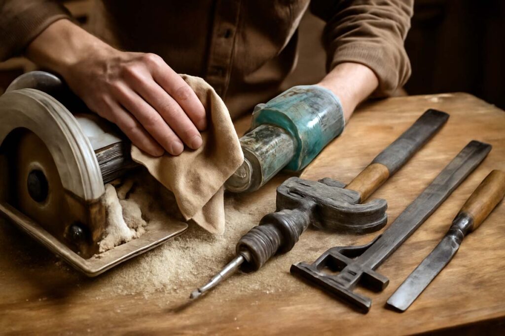 Woodworker cleaning power tools and hand tools with compressed air
