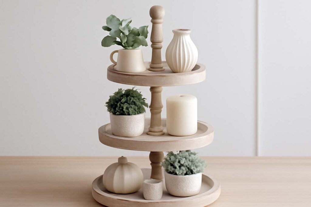 3 tier tray with a neutral color palette and cohesive decor