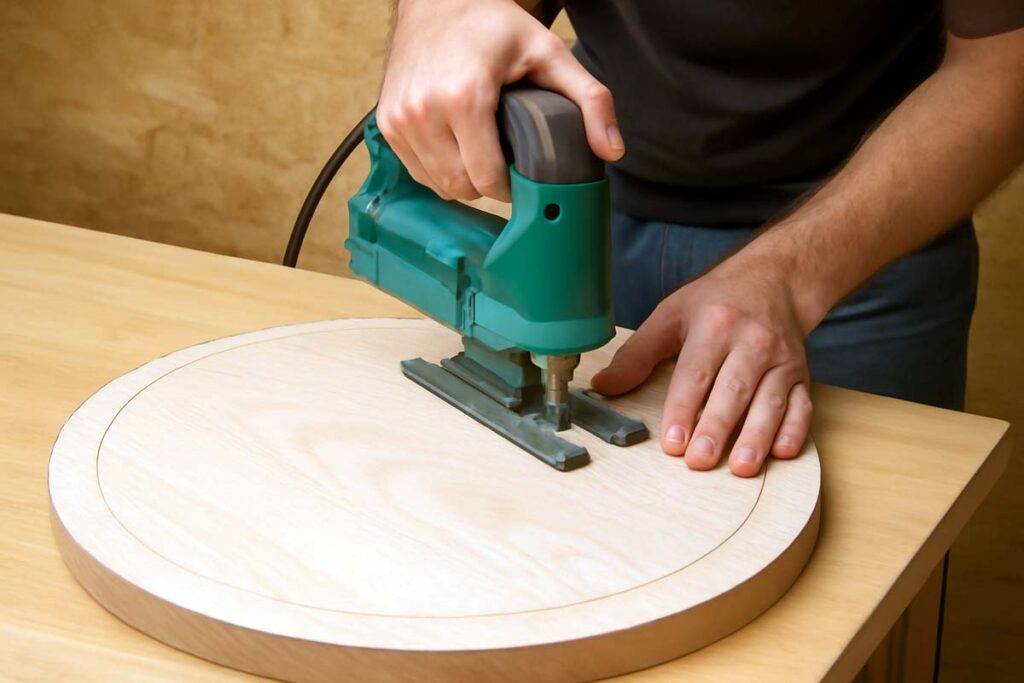 Craftsman cutting wood for tiered stand with jigsaw