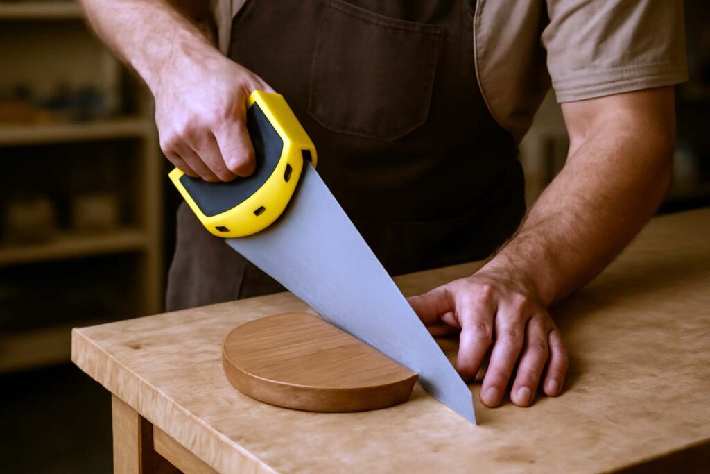 Woodworker cutting wooden pieces for tiered tray stand