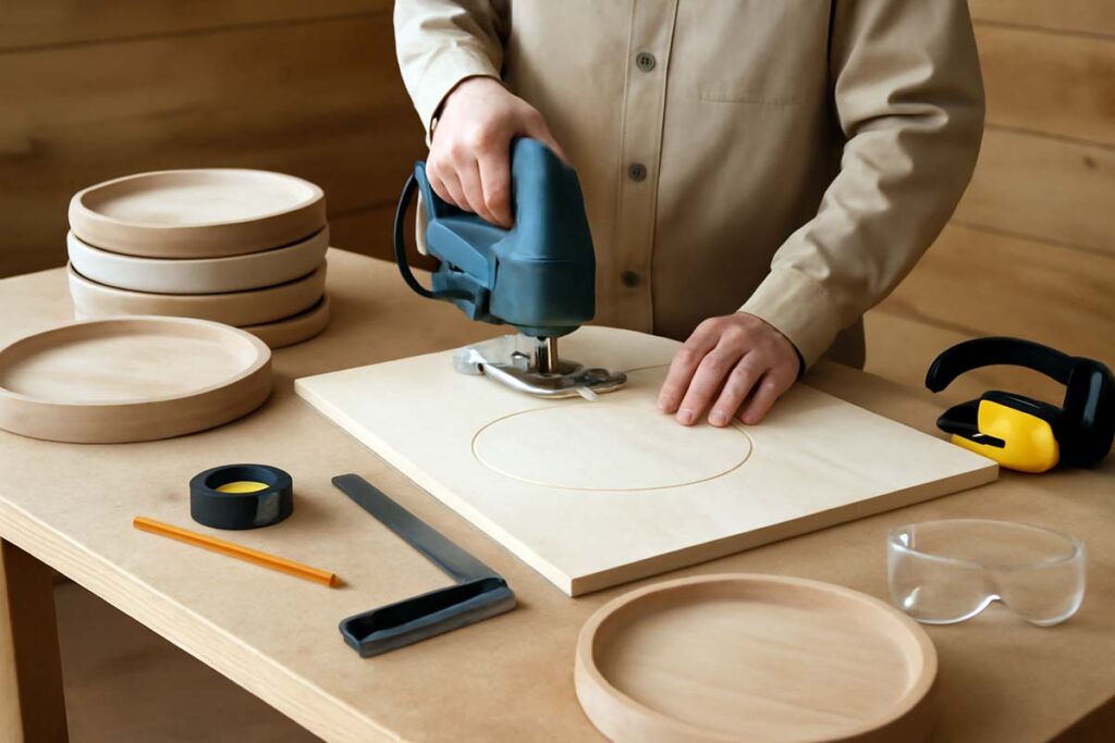 A person carefully cutting wood with a jigsaw to create circular trays for a 2 tier tray stand.