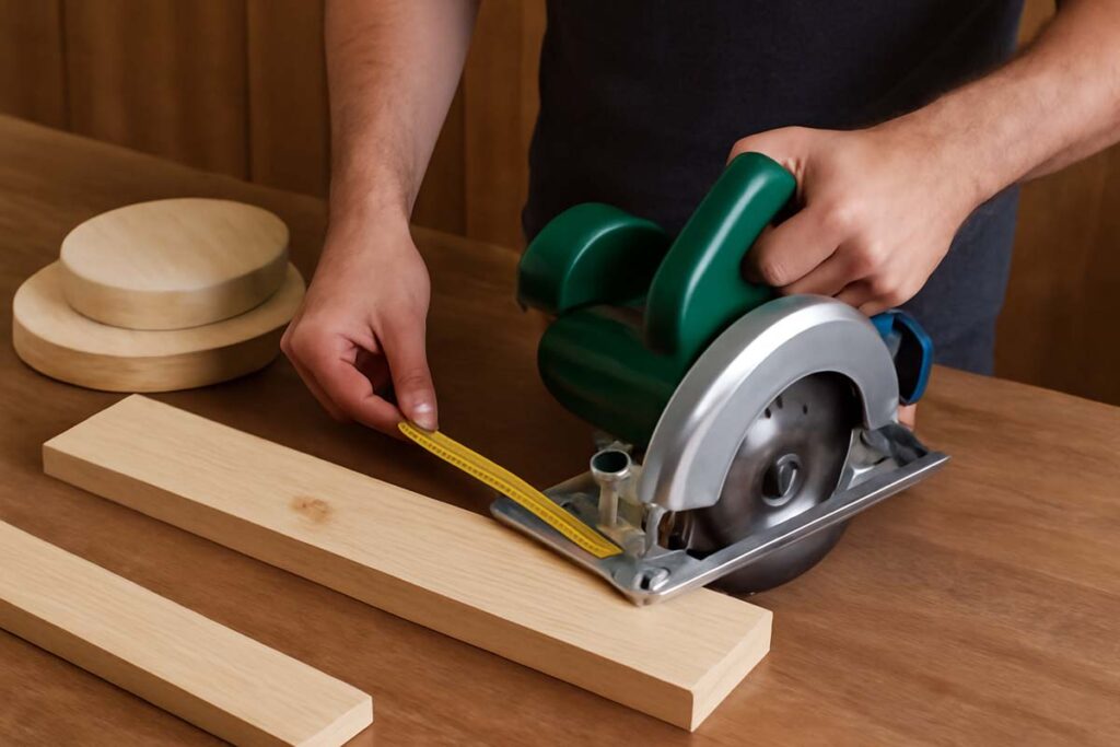 Measuring and cutting wood pieces for the rustic tiered tray stand.