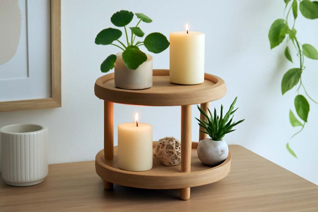 Decorated 2 tier tray stand with seasonal decor, flowers, and candles on display.