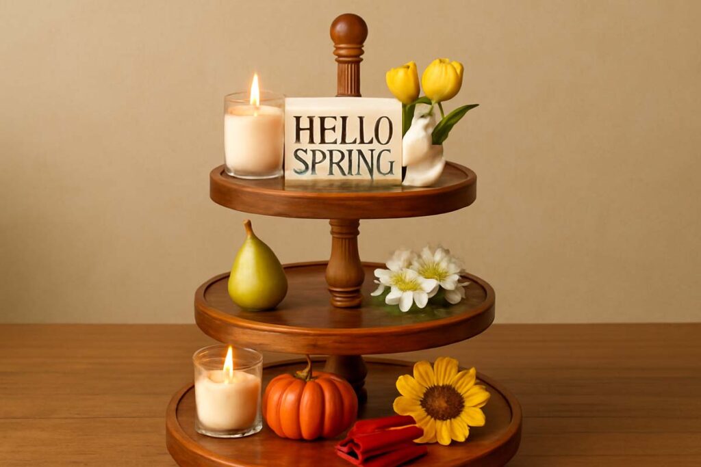 Styled tiered tray with seasonal decor like candles and flowers