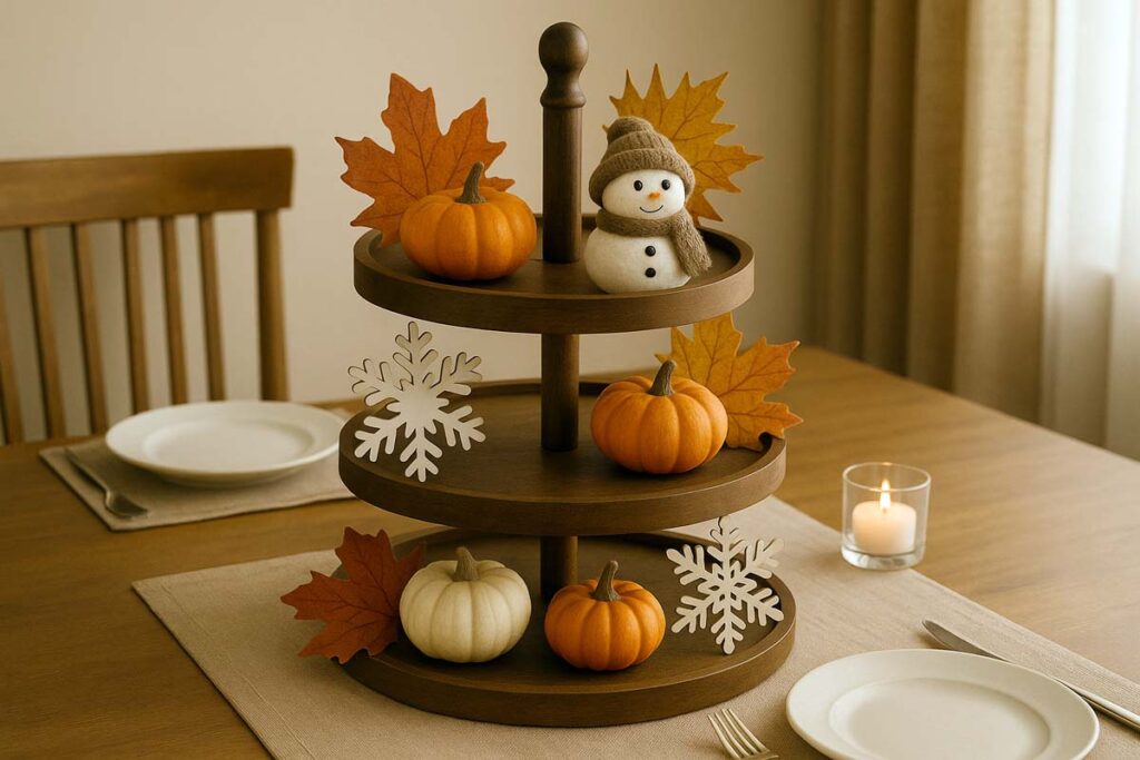3 tier tray as a centerpiece on a dining table with seasonal decor