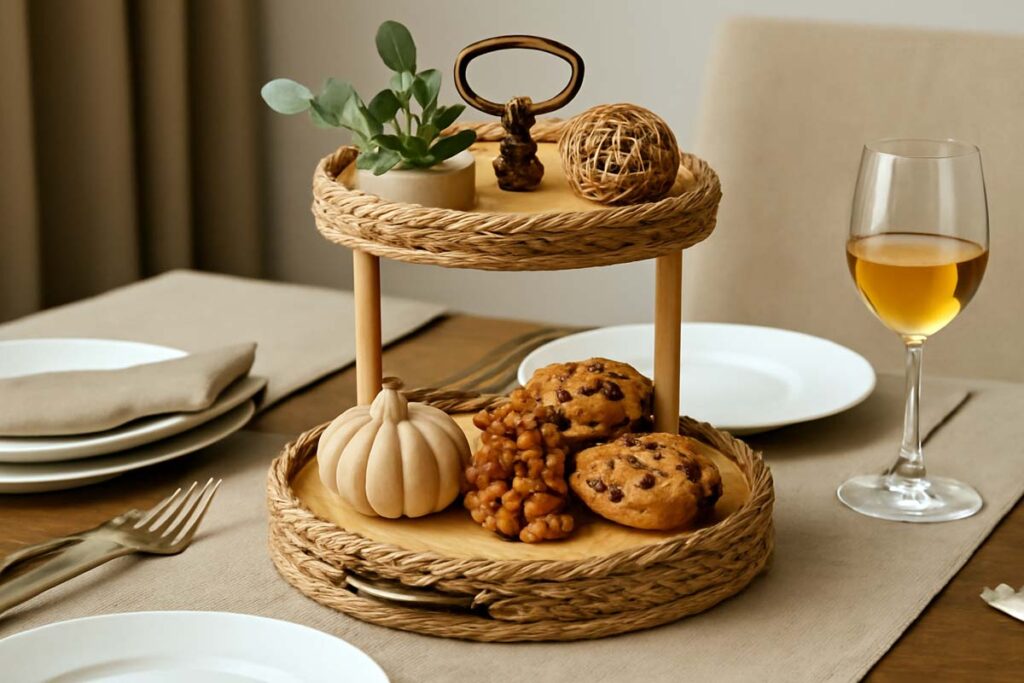Displaying a 2-tier serving tray with snacks and décor