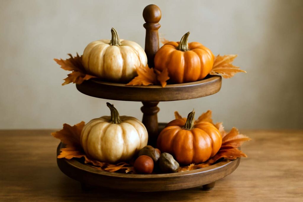 A tiered tray decorated for fall with pumpkins, acorns, and dried leaves.