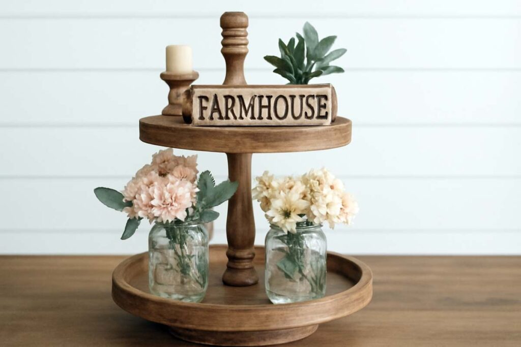 Rustic farmhouse 2 tier tray with mason jars and plants