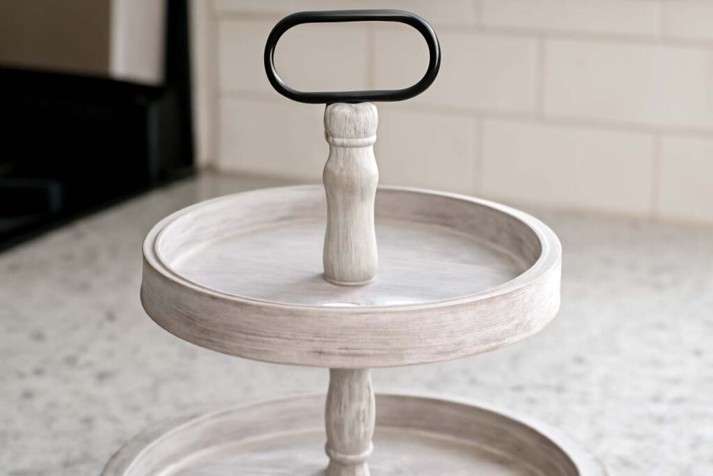 Close-up view of the Farmhouse 2-Tier Tray Stand showing its high-quality design and craftsmanship.