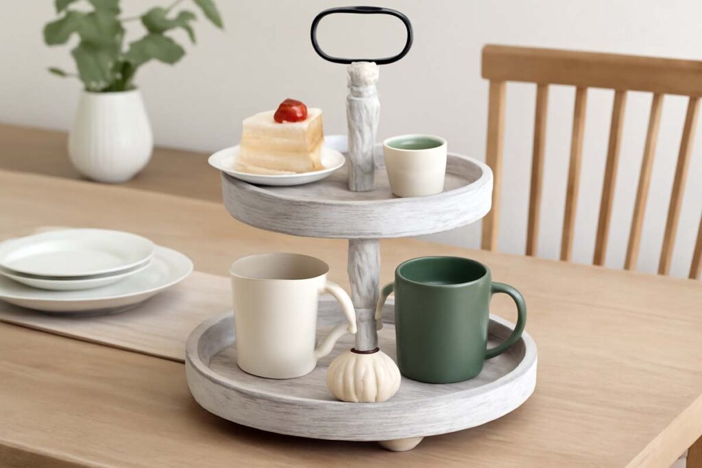 Farmhouse 2-Tier Tray Stand in use displaying desserts and décor on both tiers.