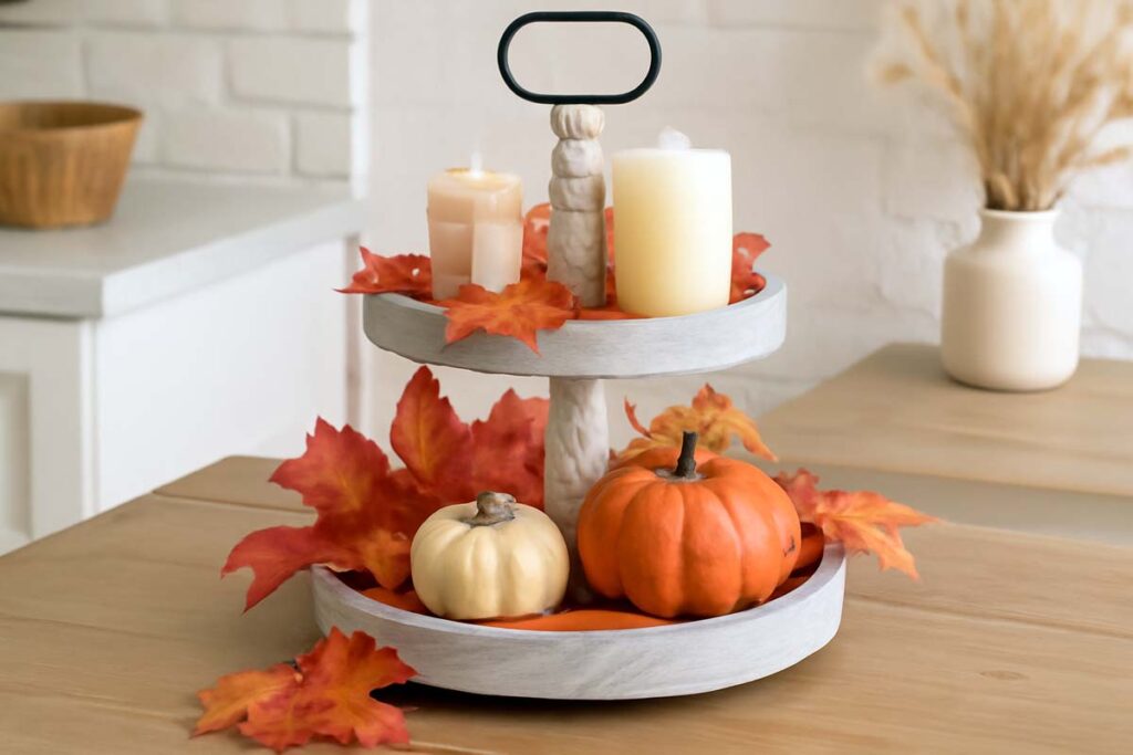 Farmhouse 2-Tier Tray Stand styled with seasonal décor for autumn in a farmhouse kitchen