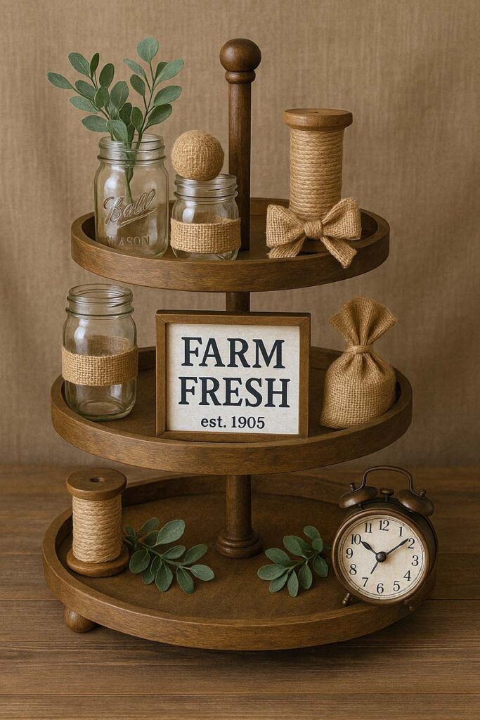Farmhouse style 3 tier tray with rustic elements and greenery