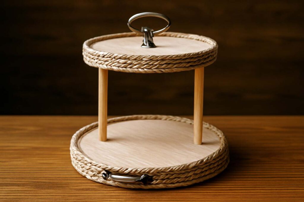 Final touches on a 2-tier serving tray with decorative accents