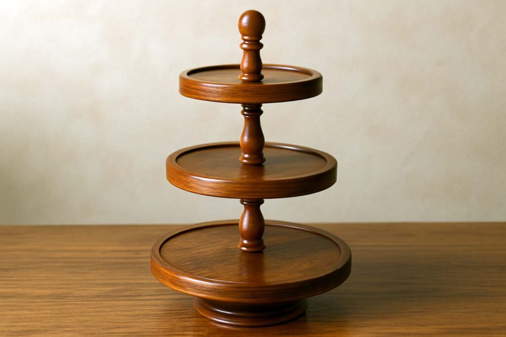 Completed tiered tray stand with a smooth finish, ready for display.