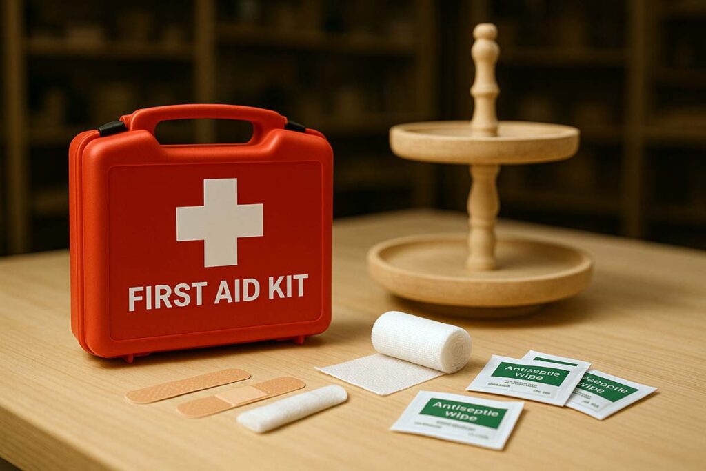 first aid kit in woodworking workspace