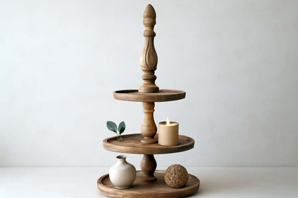 3 tier tray with a focal point candle holder and balanced decor
