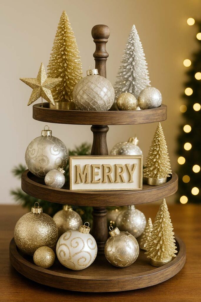 Glamorous 3 tier tray with metallic accents and Christmas decor