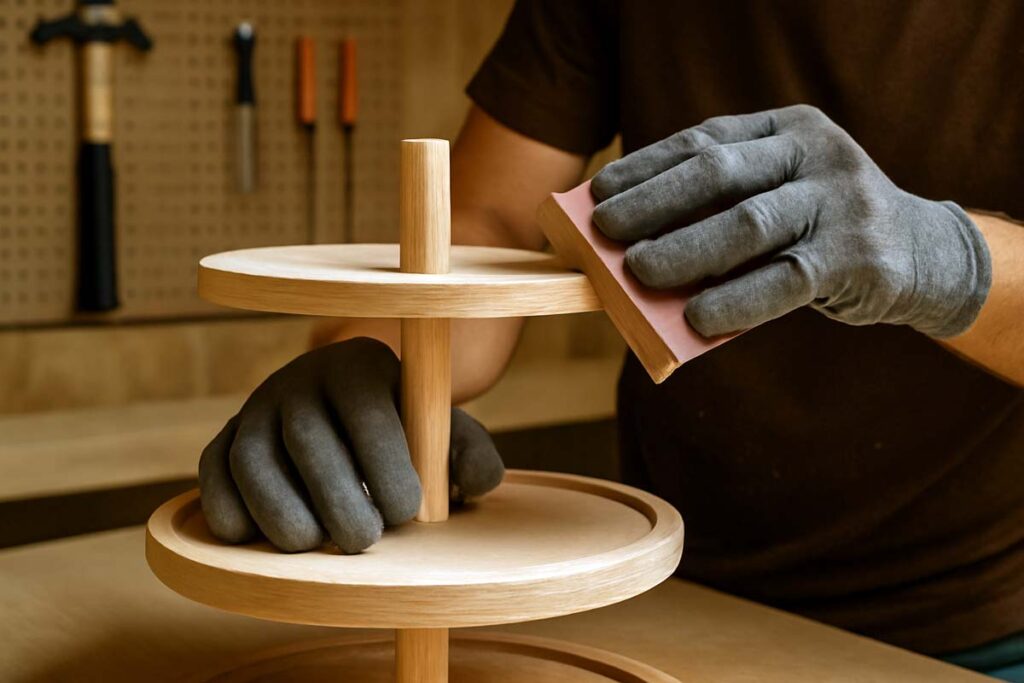 woodworker wearing gloves while building tray stand