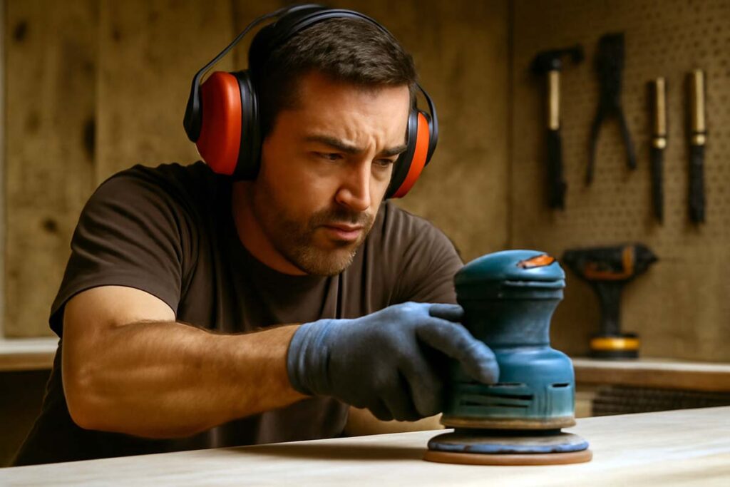woodworker using earmuffs for hearing protection in workshop