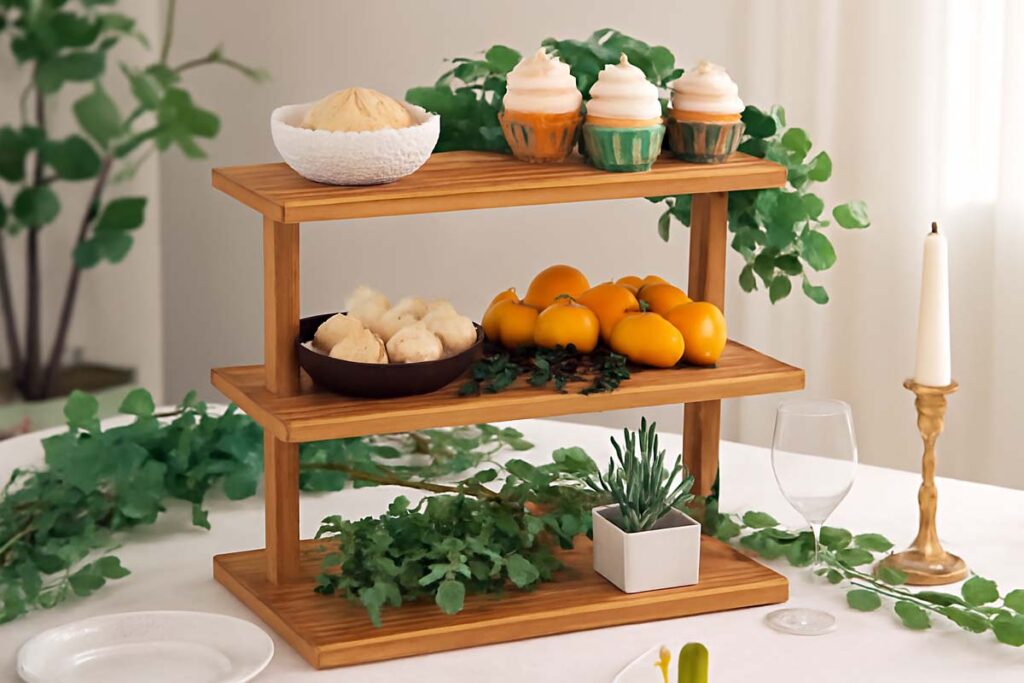 HURZMORO 3 Tier Serving Tray styled with desserts and greenery for a party