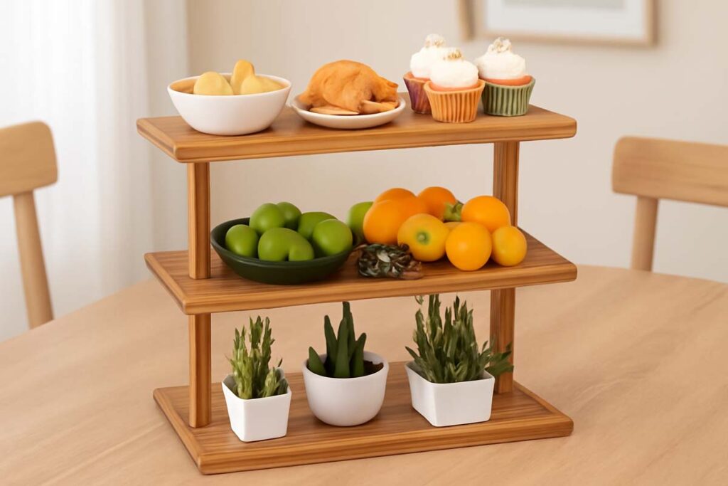 HURZMORO 3 Tier Serving Tray displaying cupcakes, snacks, and fruits