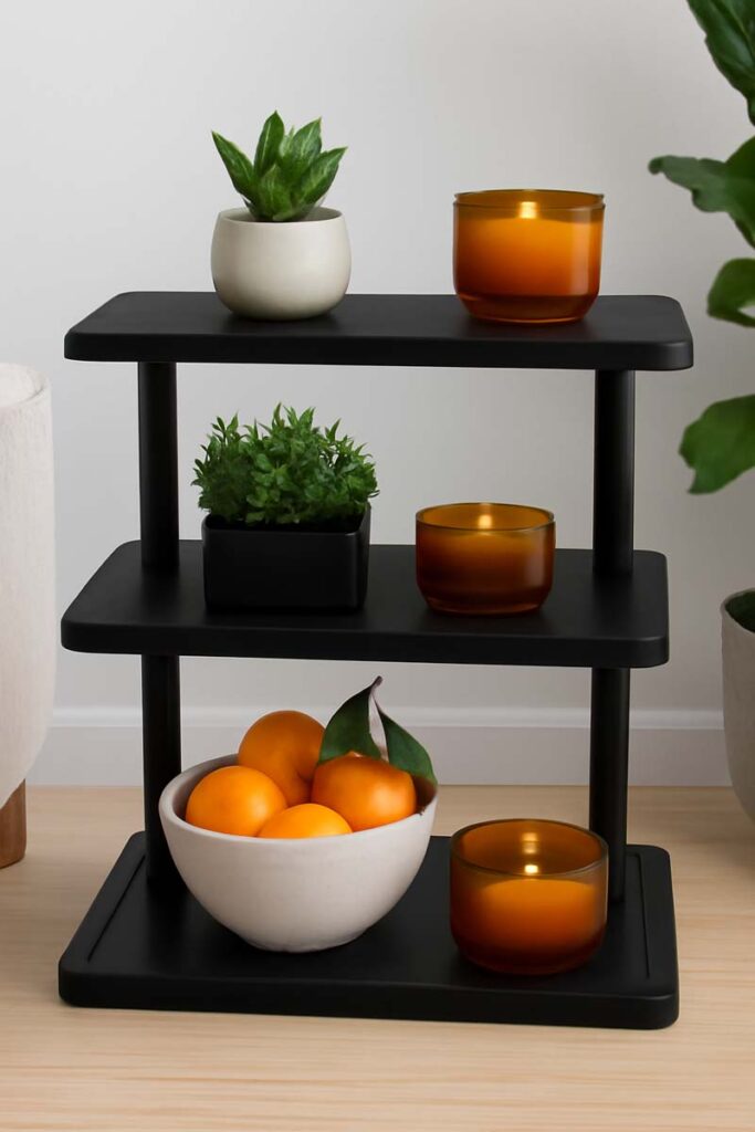 Ibyx Wooden 3 Tier Tray Stand styled with plants and decorative items