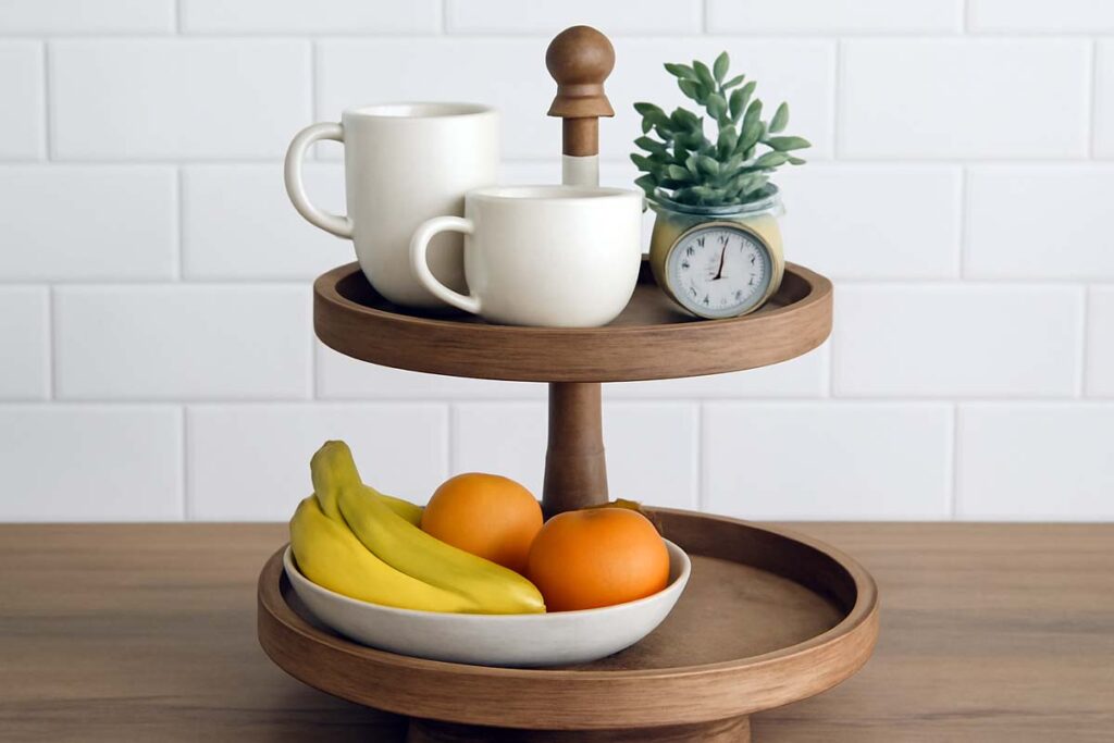 Practical kitchen 2 tier tray with fruit and mugs
