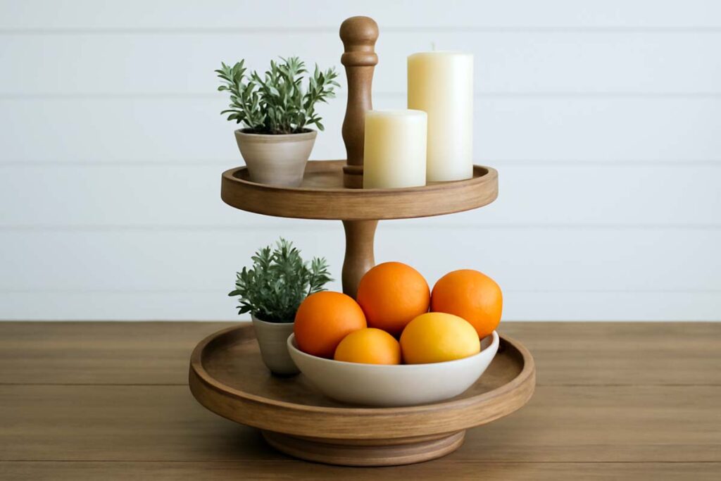 Layered 2 tier tray with fruits, plants, and candles