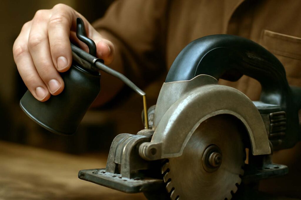 Woodworker applying oil to the moving parts of a power tool for maintenance