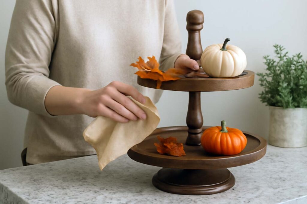 Person cleaning and refreshing tiered tray decor with seasonal updates.